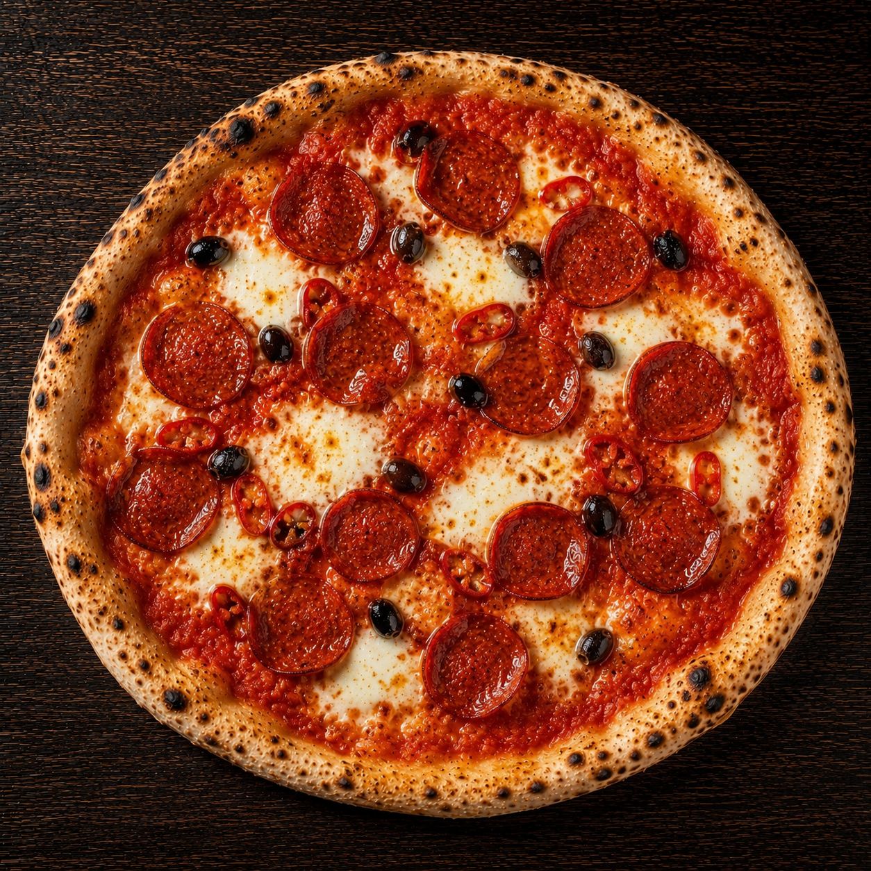 Pizza Diavola, salami piquant, olives