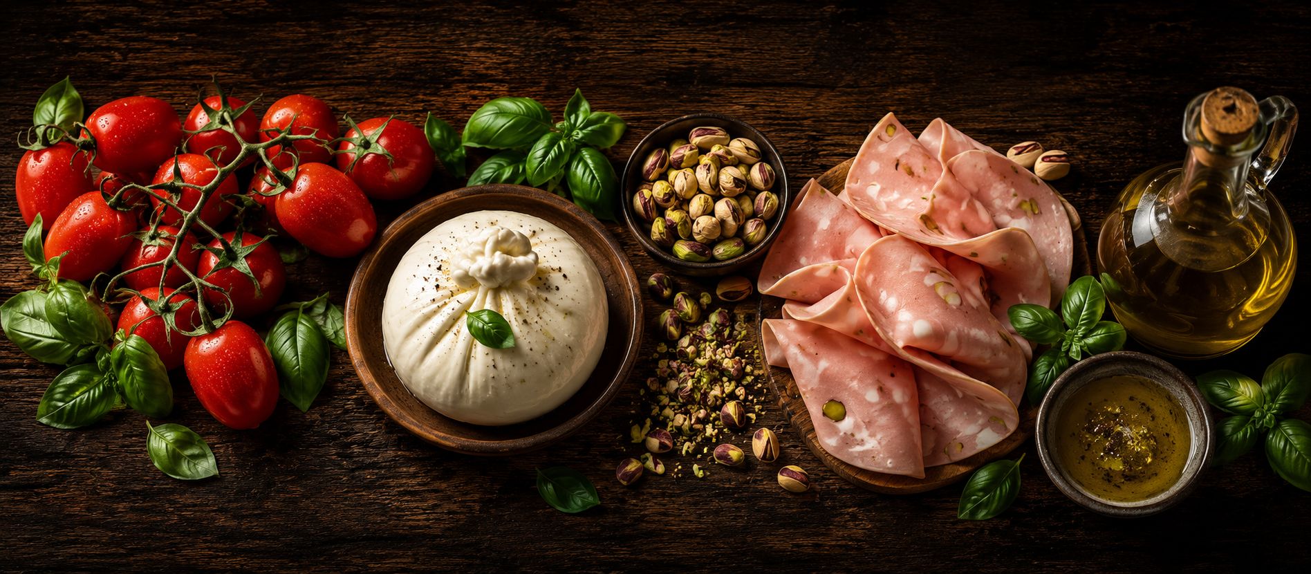 Tomates, burrata, mortadelle, pistaches, huile d'olive