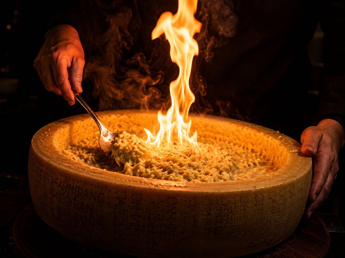Risotto flambé dans une meule de Parmigiano
